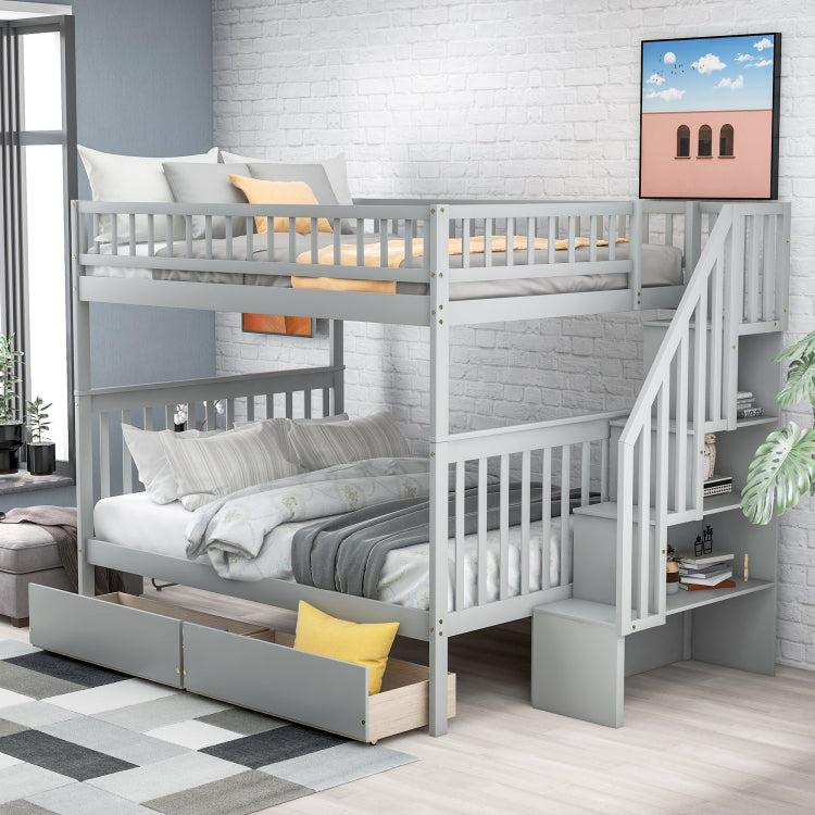 Full Over Full Bunk Bed With Two Drawers And Storage, Gray
