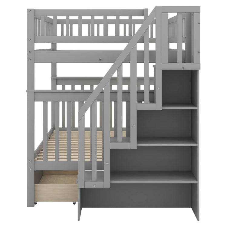 Full Over Full Bunk Bed With Two Drawers And Storage, Gray