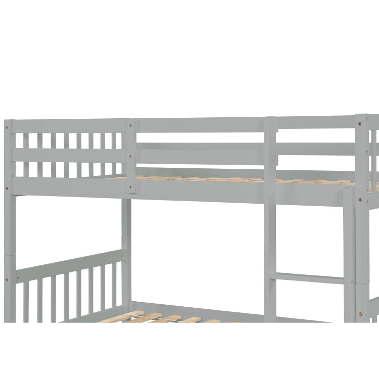 Twin Over Twin Rubber Wood Bunk Bed With Trundle, Convertible Into Twin Size Beds, Twin Size Bunk Bed With Ladder And Safety Guardrails,Grey