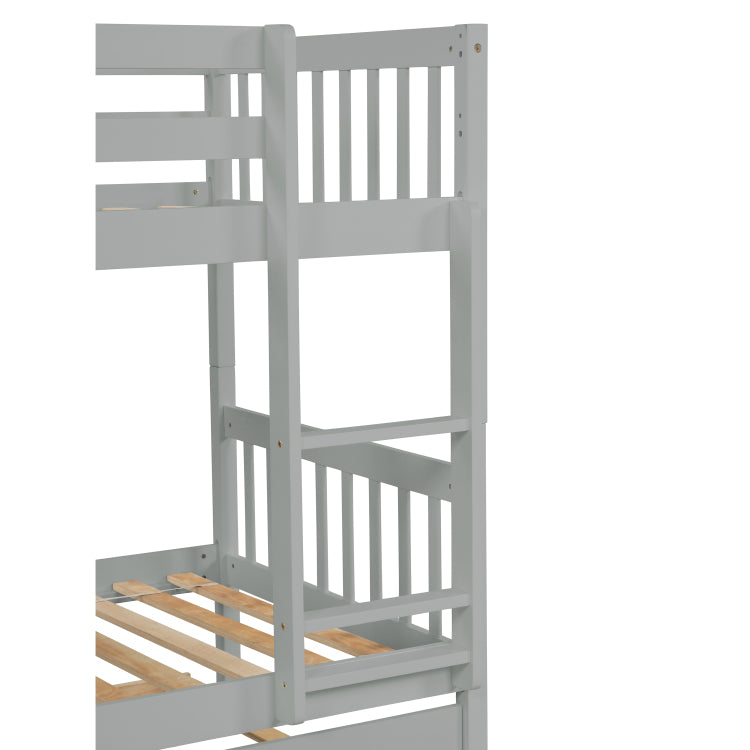 Twin Over Twin Rubber Wood Bunk Bed With Trundle, Convertible Into Twin Size Beds, Twin Size Bunk Bed With Ladder And Safety Guardrails,Grey