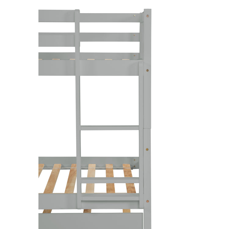 Twin Over Twin Rubber Wood Bunk Bed With Trundle, Convertible Into Twin Size Beds, Twin Size Bunk Bed With Ladder And Safety Guardrails,Grey