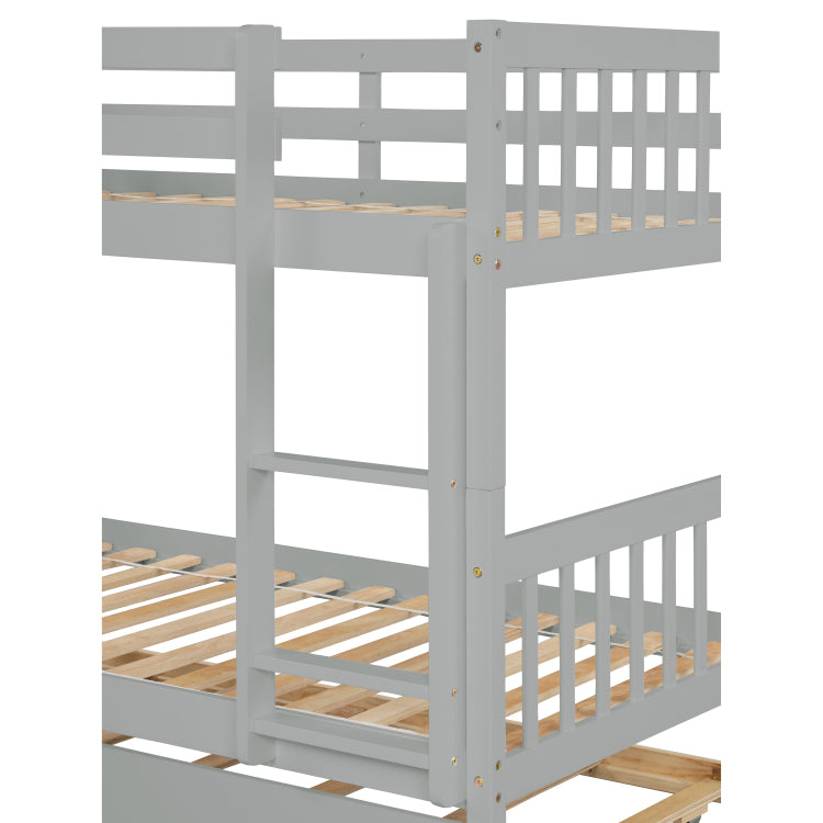 Twin Over Twin Rubber Wood Bunk Bed With Trundle, Convertible Into Twin Size Beds, Twin Size Bunk Bed With Ladder And Safety Guardrails,Grey