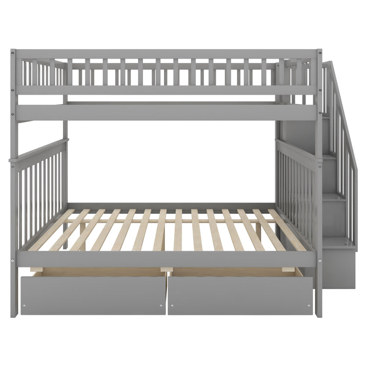 Full Over Full Bunk Bed With Two Drawers And Storage, Gray