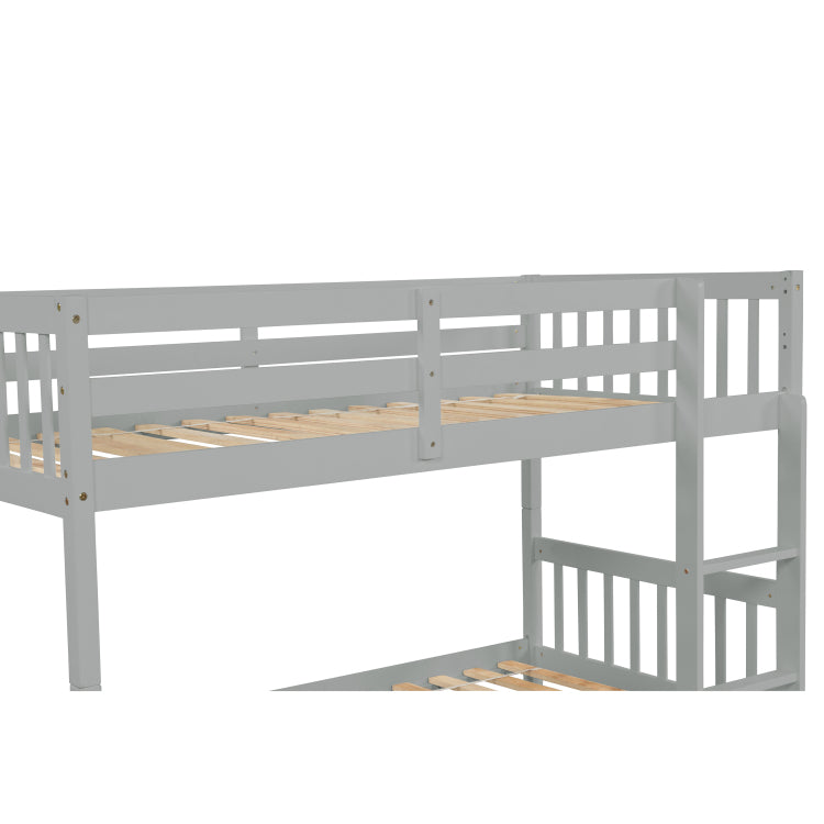 Twin Over Twin Rubber Wood Bunk Bed With Trundle, Convertible Into Twin Size Beds, Twin Size Bunk Bed With Ladder And Safety Guardrails,Grey