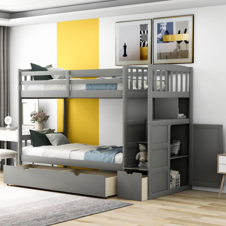 Twin Over Full Twin Bunk Bed, Convertible Bottom Bed, Storage Shelves And Drawers, Gray