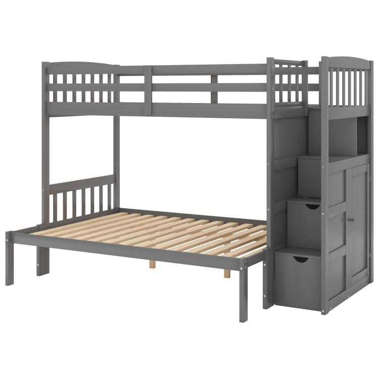 Twin Over Full Twin Bunk Bed, Convertible Bottom Bed, Storage Shelves And Drawers, Gray