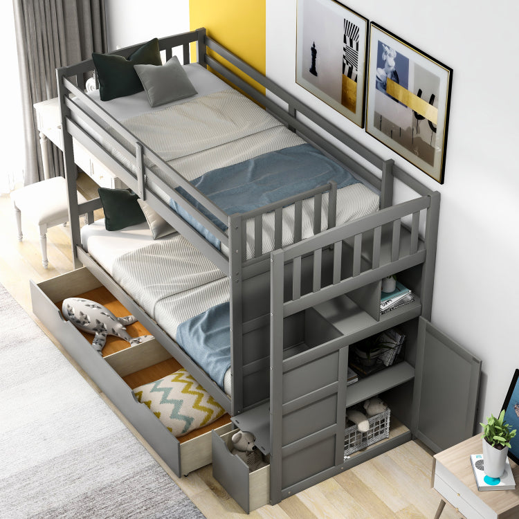 Twin Over Full Twin Bunk Bed, Convertible Bottom Bed, Storage Shelves And Drawers, Gray