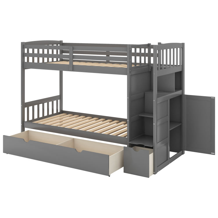 Twin Over Full Twin Bunk Bed, Convertible Bottom Bed, Storage Shelves And Drawers, Gray