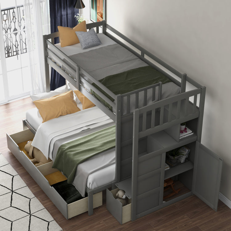 Twin Over Full Twin Bunk Bed, Convertible Bottom Bed, Storage Shelves And Drawers, Gray