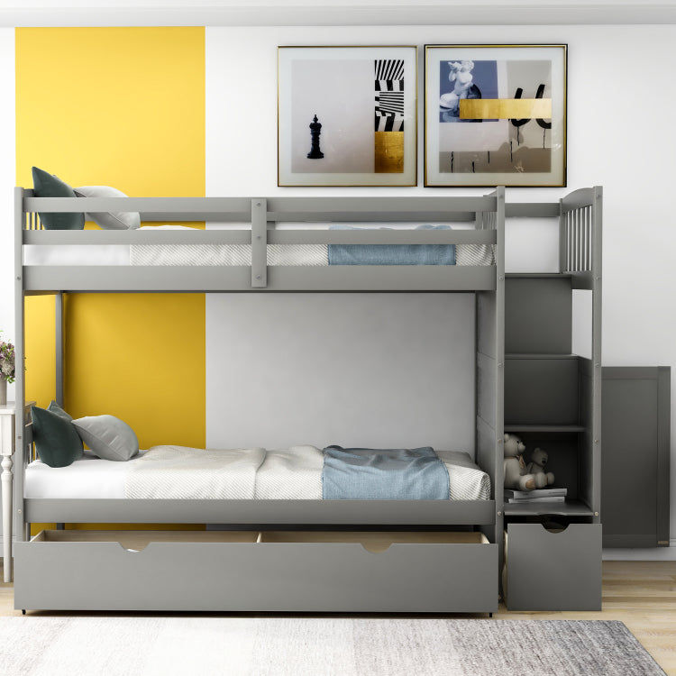 Twin Over Full Twin Bunk Bed, Convertible Bottom Bed, Storage Shelves And Drawers, Gray