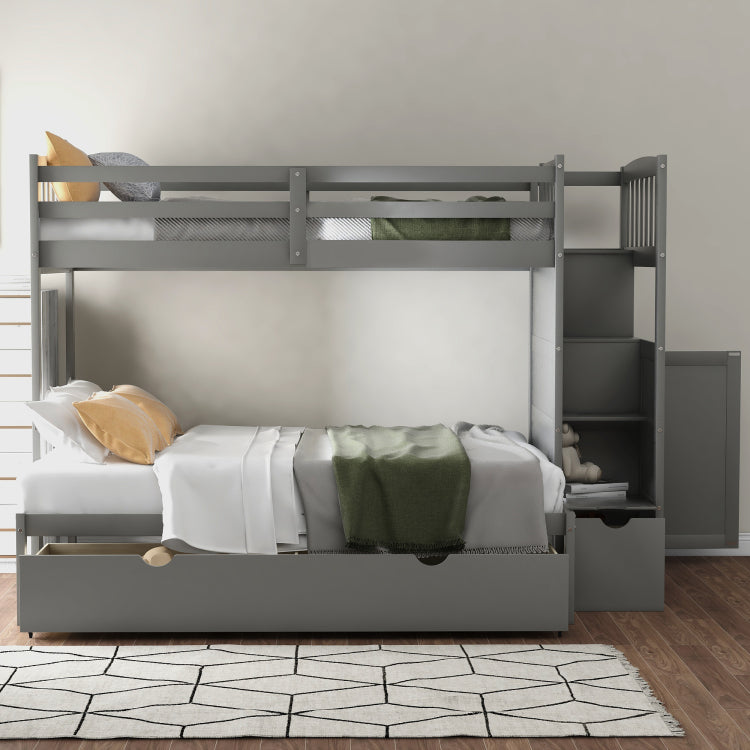 Twin Over Full Twin Bunk Bed, Convertible Bottom Bed, Storage Shelves And Drawers, Gray