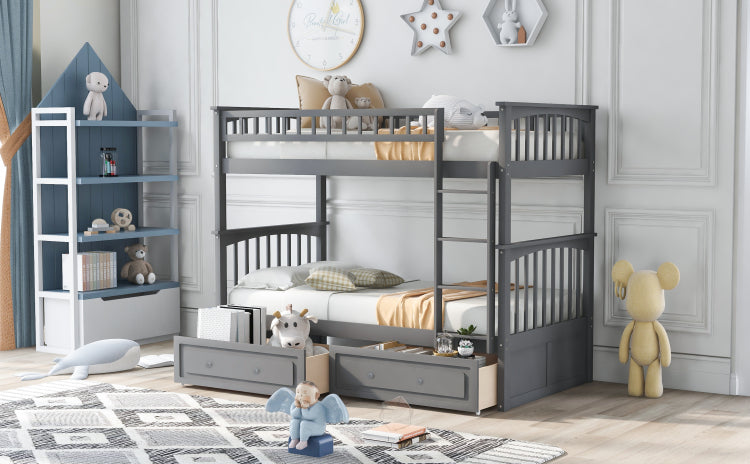 Twin Over Twin Bunk Bed With Drawers, Convertible Beds, Gray Old Sku: Sm000240Aae 1