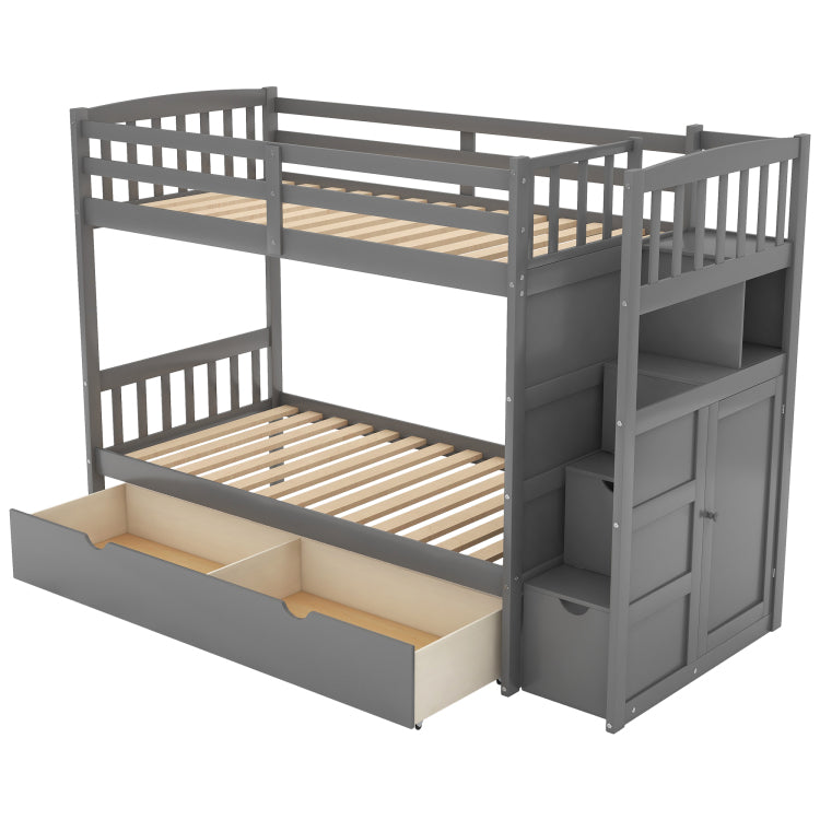 Twin Over Full Twin Bunk Bed, Convertible Bottom Bed, Storage Shelves And Drawers, Gray