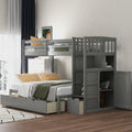 Twin Over Full Twin Bunk Bed, Convertible Bottom Bed, Storage Shelves And Drawers, Gray