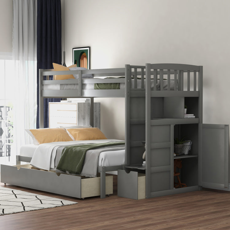 Twin Over Full Twin Bunk Bed, Convertible Bottom Bed, Storage Shelves And Drawers, Gray