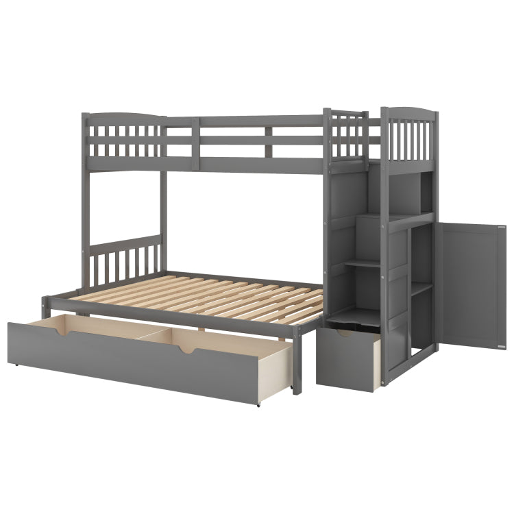 Twin Over Full Twin Bunk Bed, Convertible Bottom Bed, Storage Shelves And Drawers, Gray