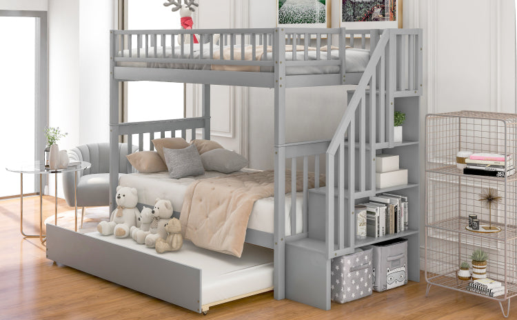 Twin Over Twin Bunk Bed With Trundle And Storage, Gray