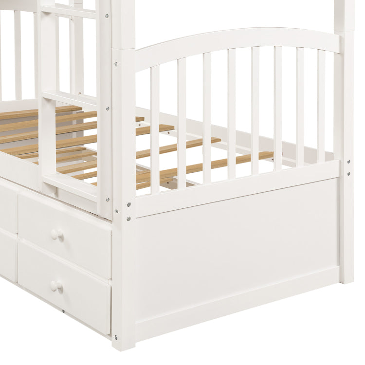Twin Bunk Bed With Ladder, Safety Rail, Twin Trundle Bed With 3 Drawers For Teens Bedroom, Guest Room Furniture White Old Sku :Lp000071Aak