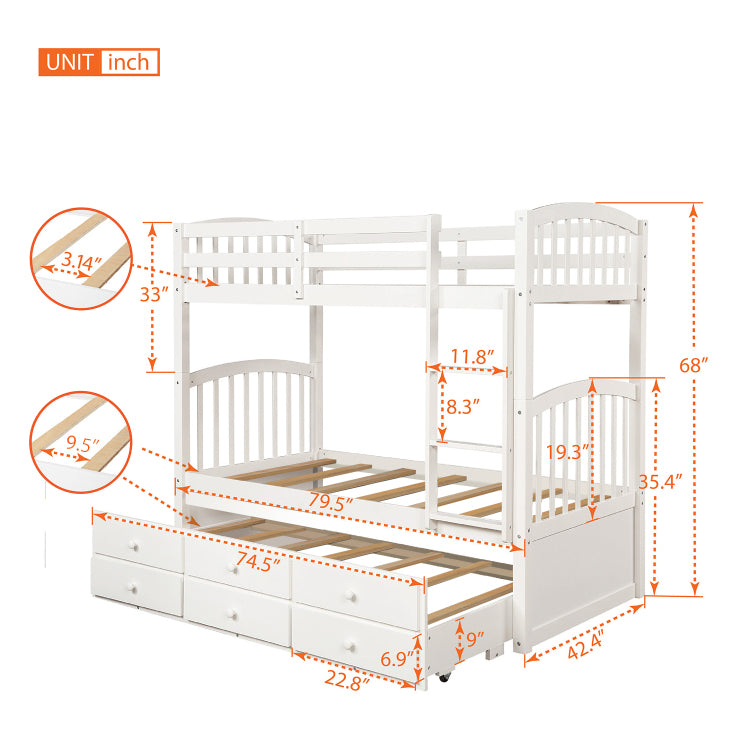 Twin Bunk Bed With Ladder, Safety Rail, Twin Trundle Bed With 3 Drawers For Teens Bedroom, Guest Room Furniture White Old Sku :Lp000071Aak