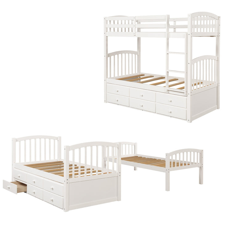 Twin Bunk Bed With Ladder, Safety Rail, Twin Trundle Bed With 3 Drawers For Teens Bedroom, Guest Room Furniture White Old Sku :Lp000071Aak