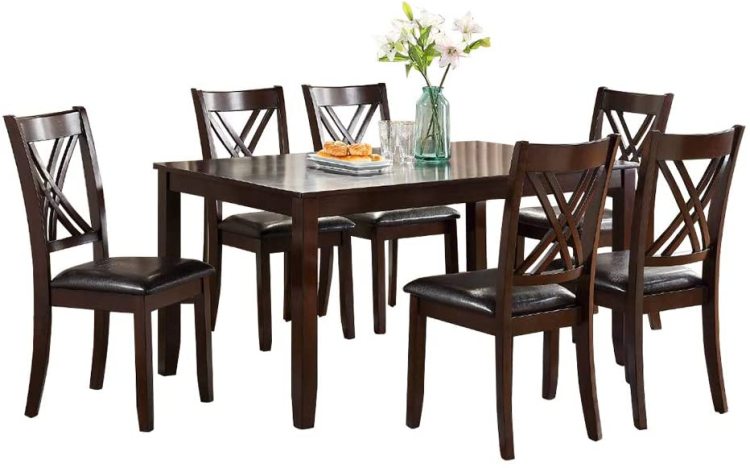 7Pcs Dining Set Dining Table 6 Side Chairs Clean Espresso Finish Cushion Seats X Design Back Chairs