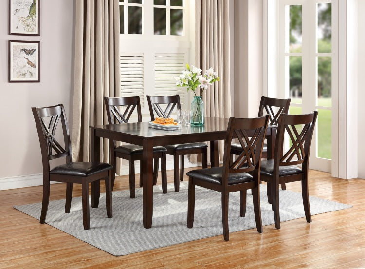 7Pcs Dining Set Dining Table 6 Side Chairs Clean Espresso Finish Cushion Seats X Design Back Chairs