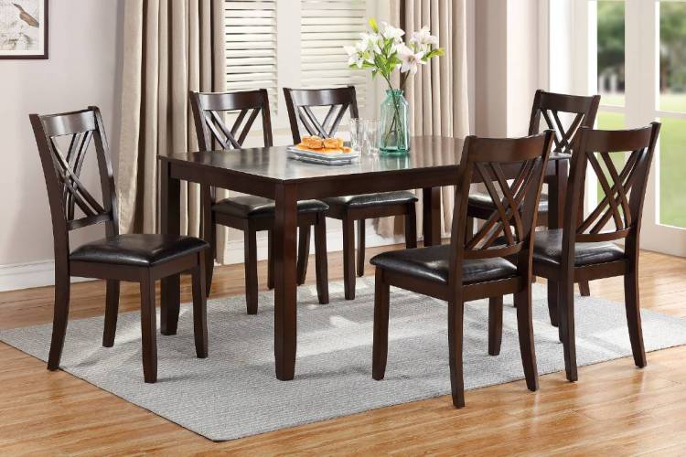 7Pcs Dining Set Dining Table 6 Side Chairs Clean Espresso Finish Cushion Seats X Design Back Chairs