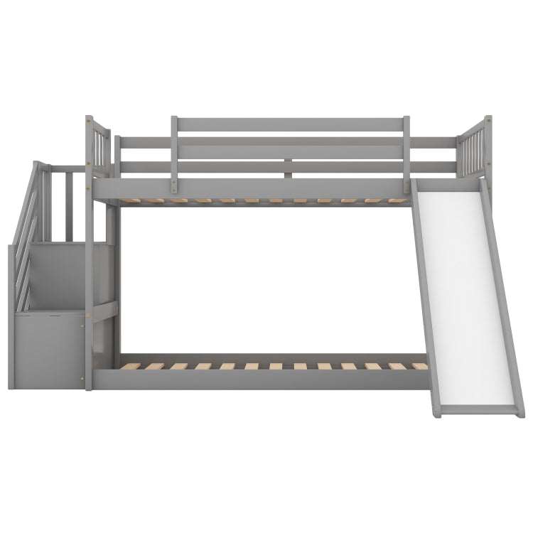Twin Over Twin Bunk Bed With Convertible Slide And Stairway, Gray