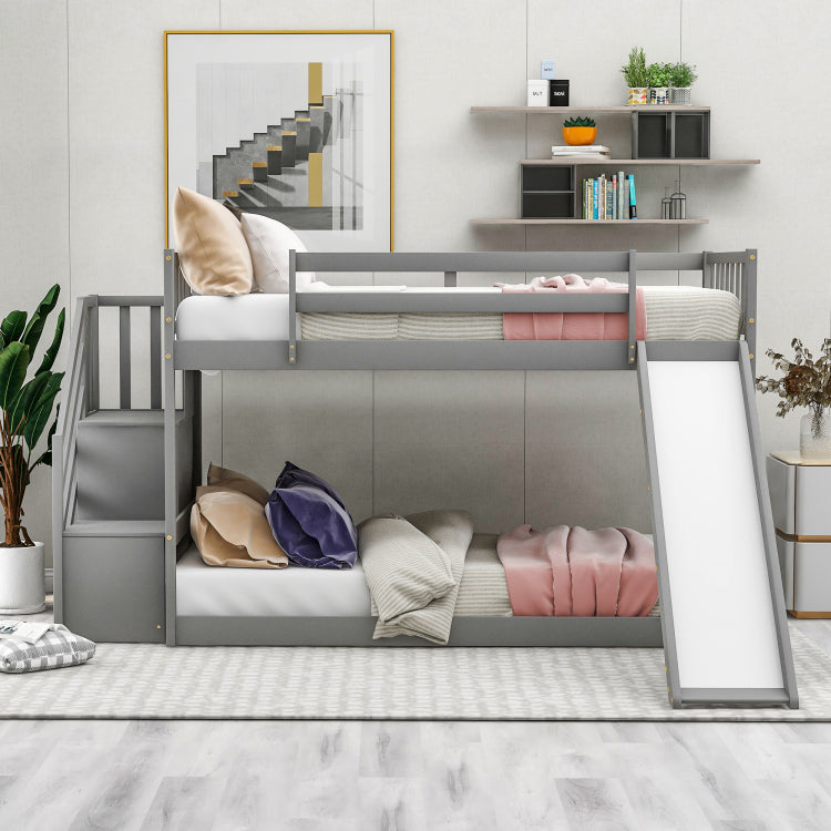 Twin Over Twin Bunk Bed With Convertible Slide And Stairway, Gray