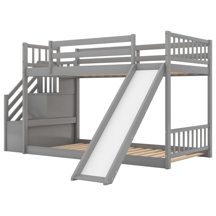 Twin Over Twin Bunk Bed With Convertible Slide And Stairway, Gray
