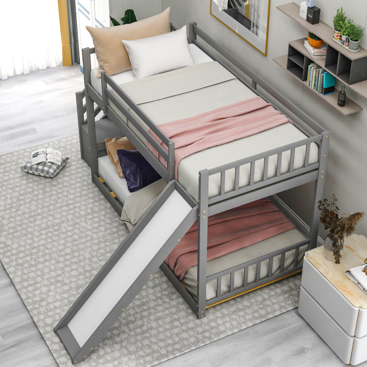 Twin Over Twin Bunk Bed With Convertible Slide And Stairway, Gray