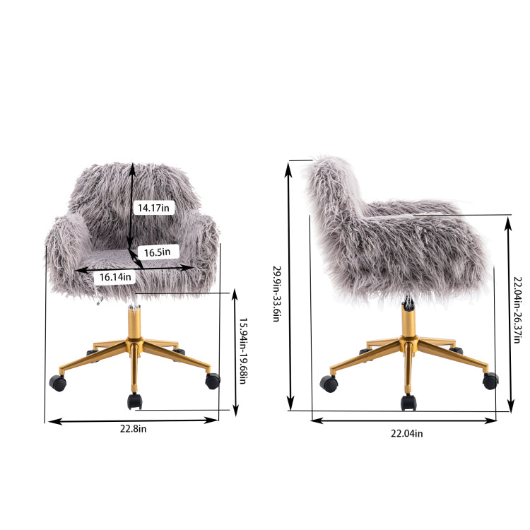 Hengming Modern Faux Fur Home Office Chair, Fluffy Chair For Girls, Makeup Vanity Chair With Gold Plating Base