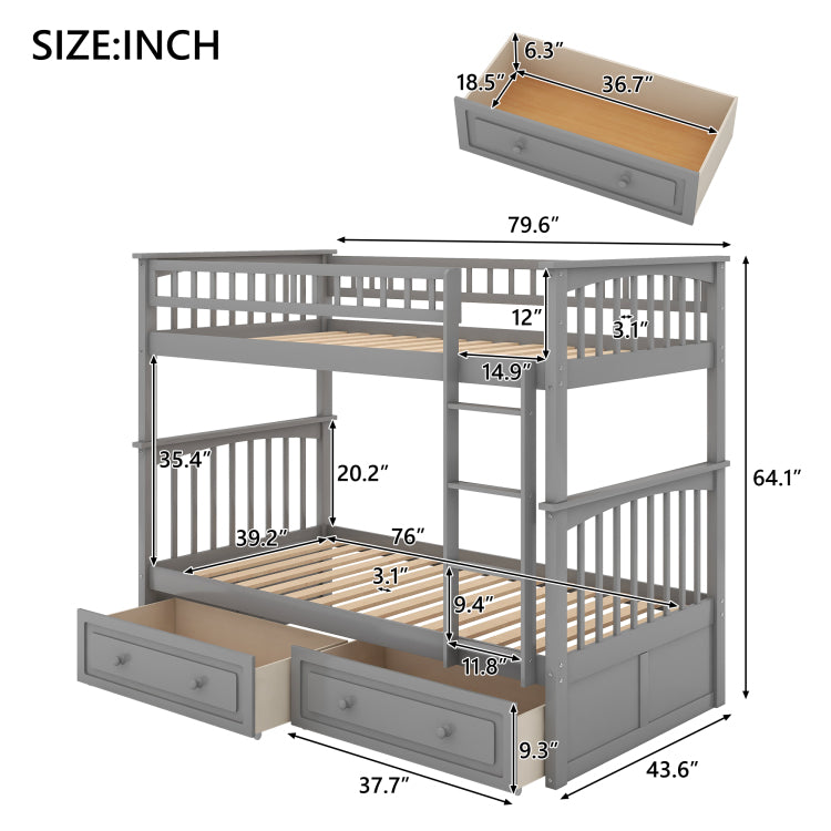 Twin Over Twin Bunk Bed With Drawers, Convertible Beds, Gray Old Sku: Sm000240Aae 1