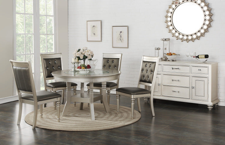 Round Dining Table Silver Grey Finish Rubber Wood Frame Center Glass Top Dinette Table