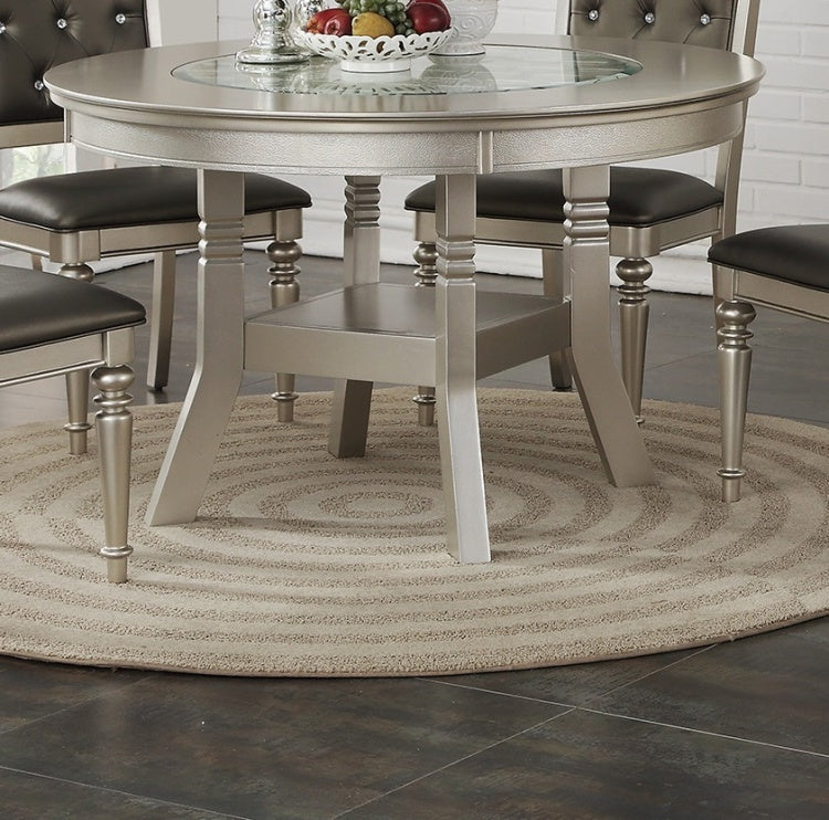 Round Dining Table Silver Grey Finish Rubber Wood Frame Center Glass Top Dinette Table