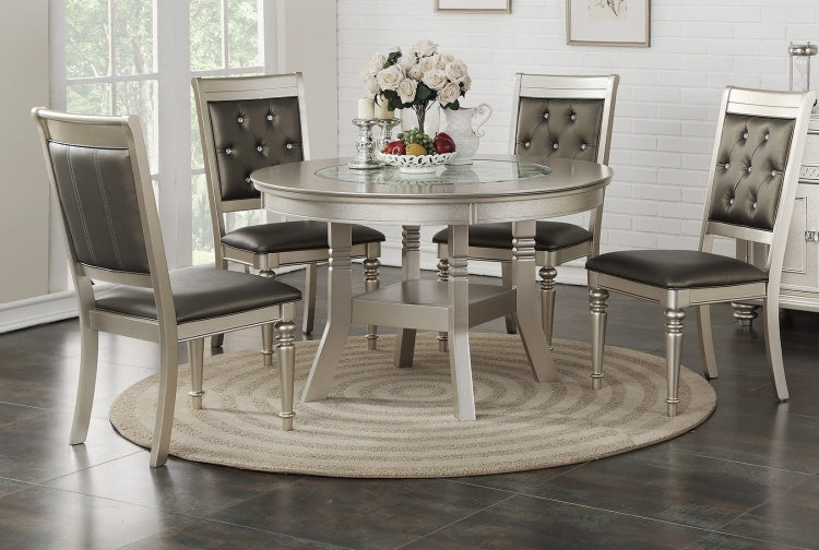 Round Dining Table Silver Grey Finish Rubber Wood Frame Center Glass Top Dinette Table