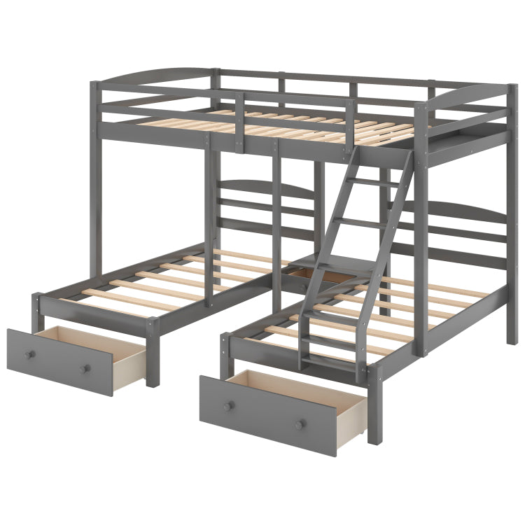 Full Over Twin & Twin Bunk Bed,Triple Bunk Bed With Drawers, Gray