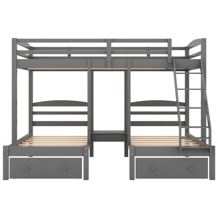 Full Over Twin & Twin Bunk Bed,Triple Bunk Bed With Drawers, Gray