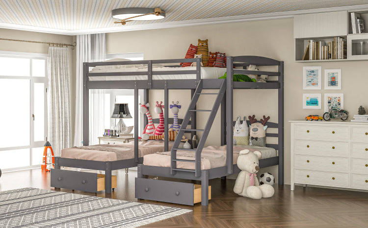 Full Over Twin & Twin Bunk Bed,Triple Bunk Bed With Drawers, Gray