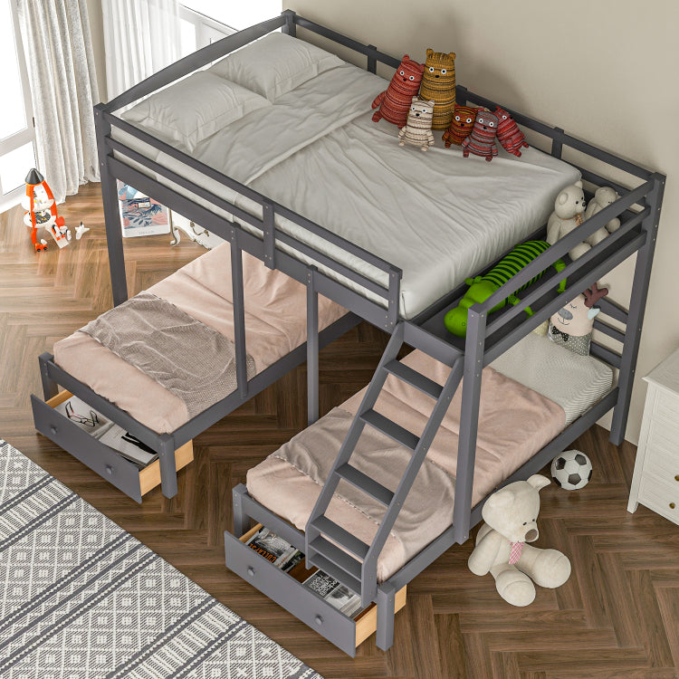 Full Over Twin & Twin Bunk Bed,Triple Bunk Bed With Drawers, Gray