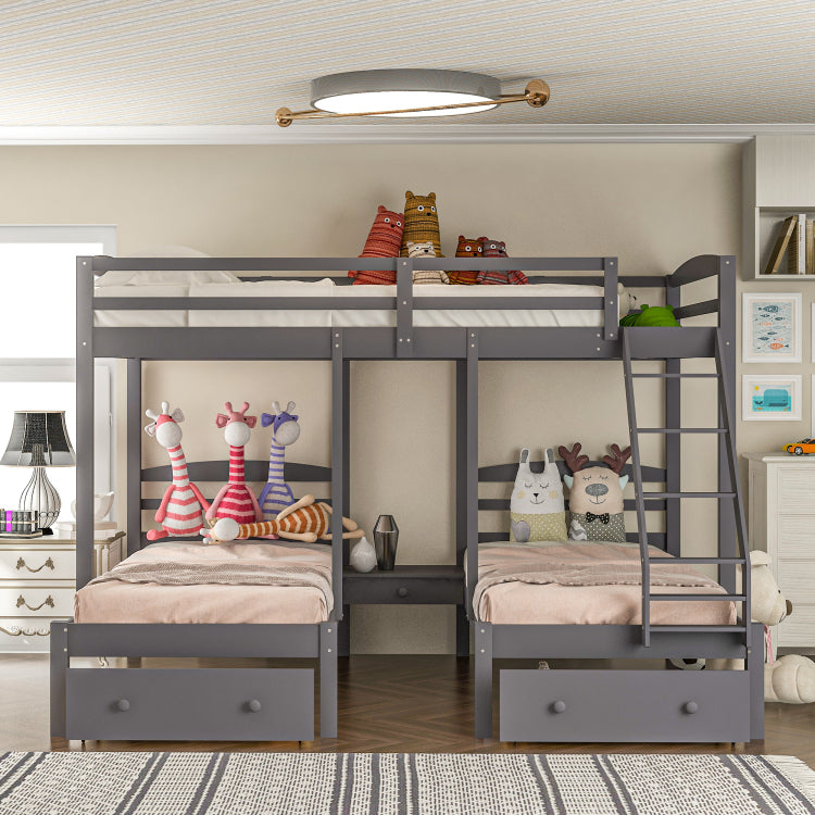 Full Over Twin & Twin Bunk Bed,Triple Bunk Bed With Drawers, Gray