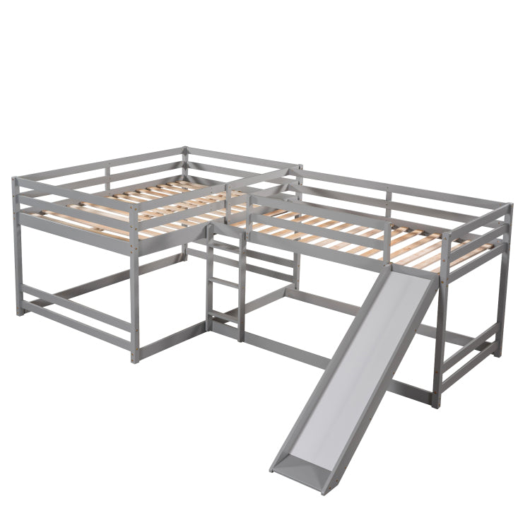 Full And Twin Size L Shaped Bunk Bed With Slide And Short Ladder,Gray