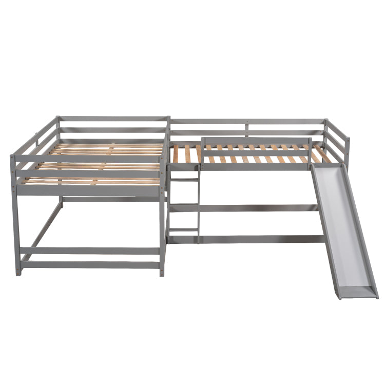 Full And Twin Size L Shaped Bunk Bed With Slide And Short Ladder,Gray
