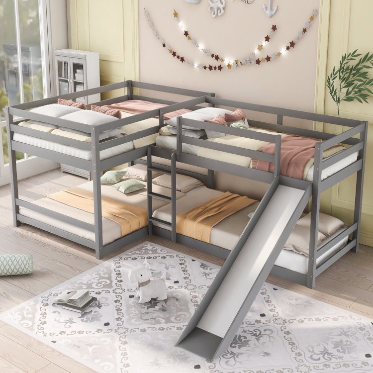 Full And Twin Size L Shaped Bunk Bed With Slide And Short Ladder,Gray