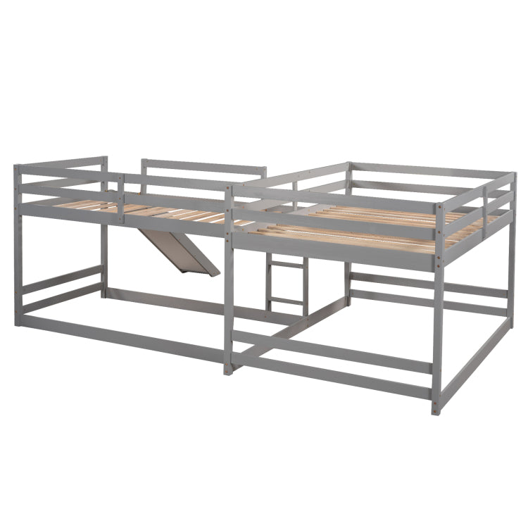 Full And Twin Size L Shaped Bunk Bed With Slide And Short Ladder,Gray