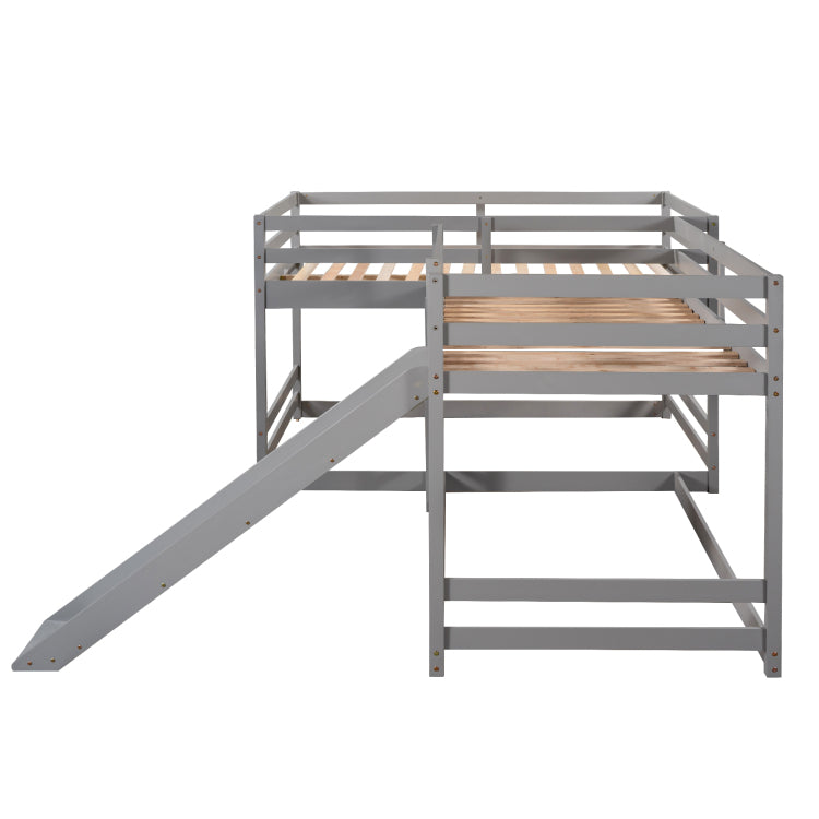 Full And Twin Size L Shaped Bunk Bed With Slide And Short Ladder,Gray
