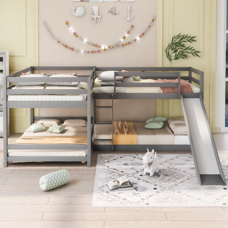 Full And Twin Size L Shaped Bunk Bed With Slide And Short Ladder,Gray