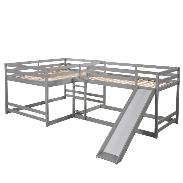 Full And Twin Size L Shaped Bunk Bed With Slide And Short Ladder,Gray