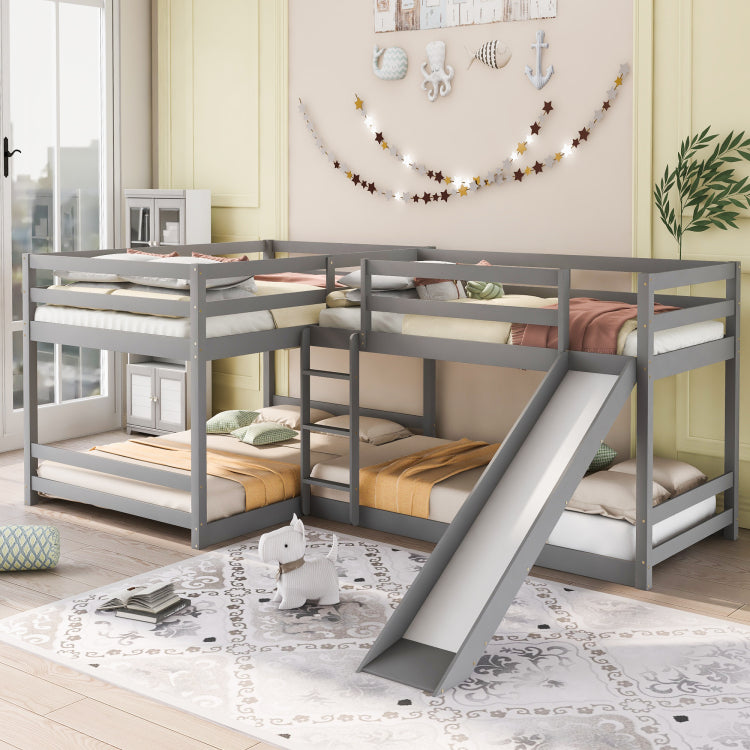 Full And Twin Size L Shaped Bunk Bed With Slide And Short Ladder,Gray