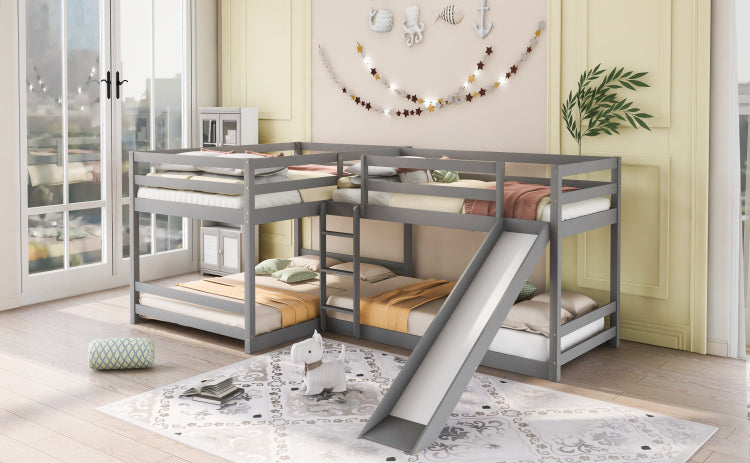 Full And Twin Size L Shaped Bunk Bed With Slide And Short Ladder,Gray